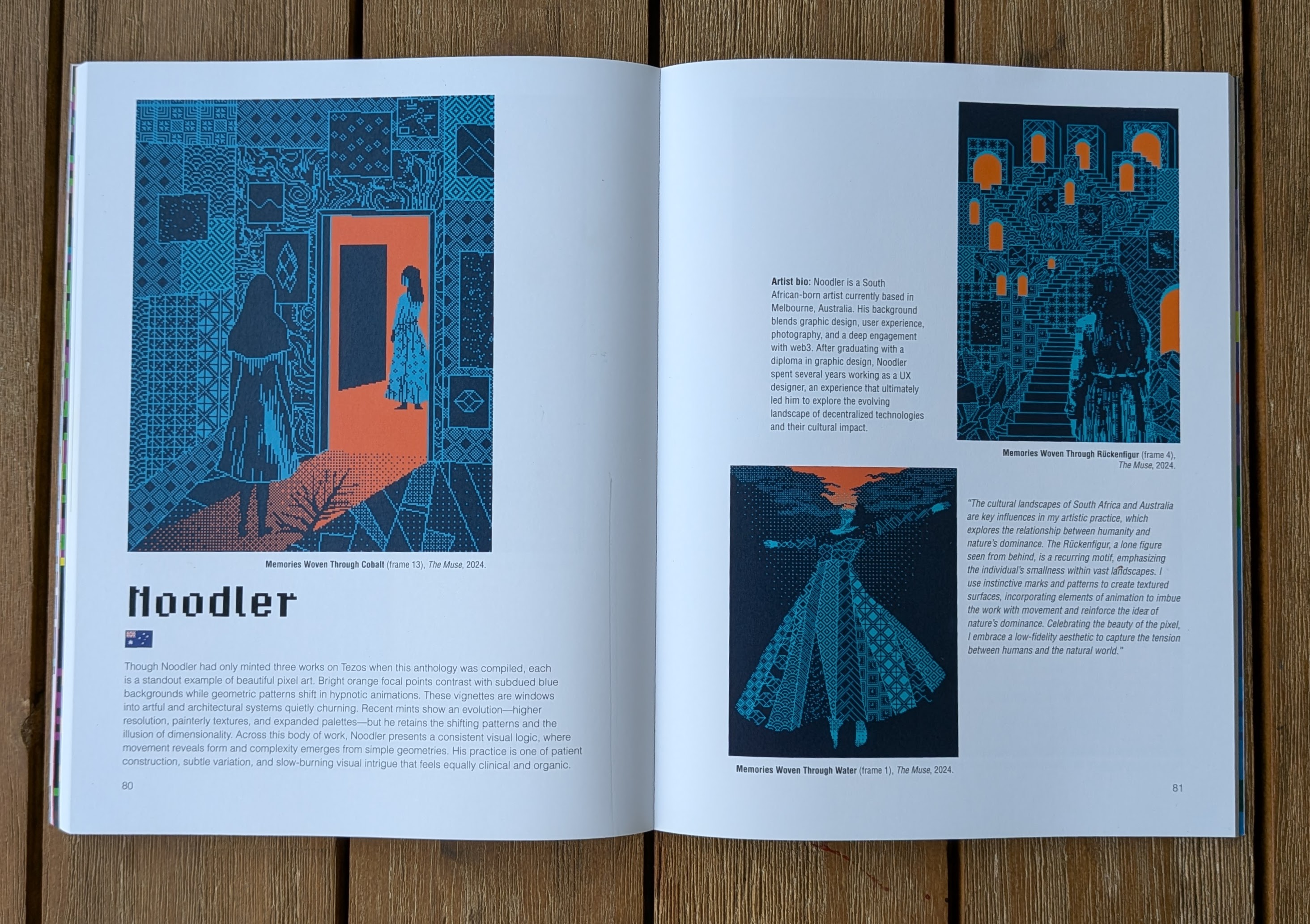 Open book spread showing Memories Woven artworks published in TzAR: Pixel Art Anthology