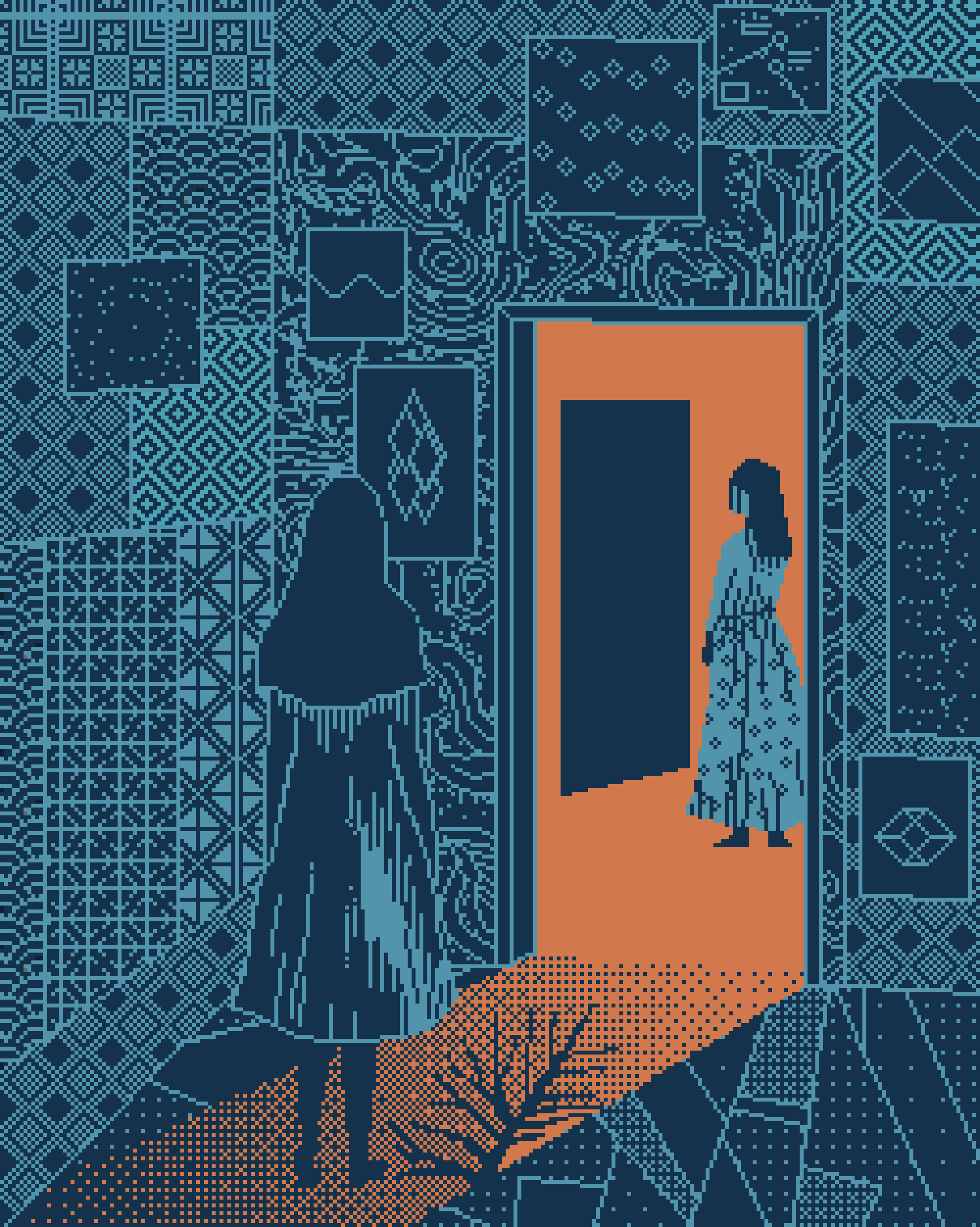 Animated pixel artwork showing a figure facing an orange doorway inside a blue patterned room