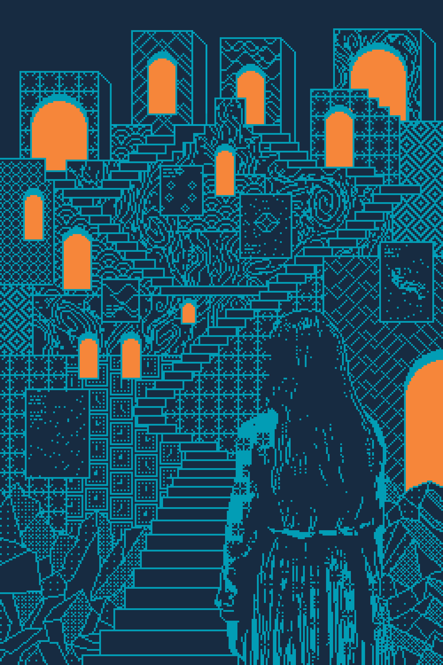 Animated pixel artwork showing a figure from behind on stairs surrounded by blue patterned buildings and orange windows