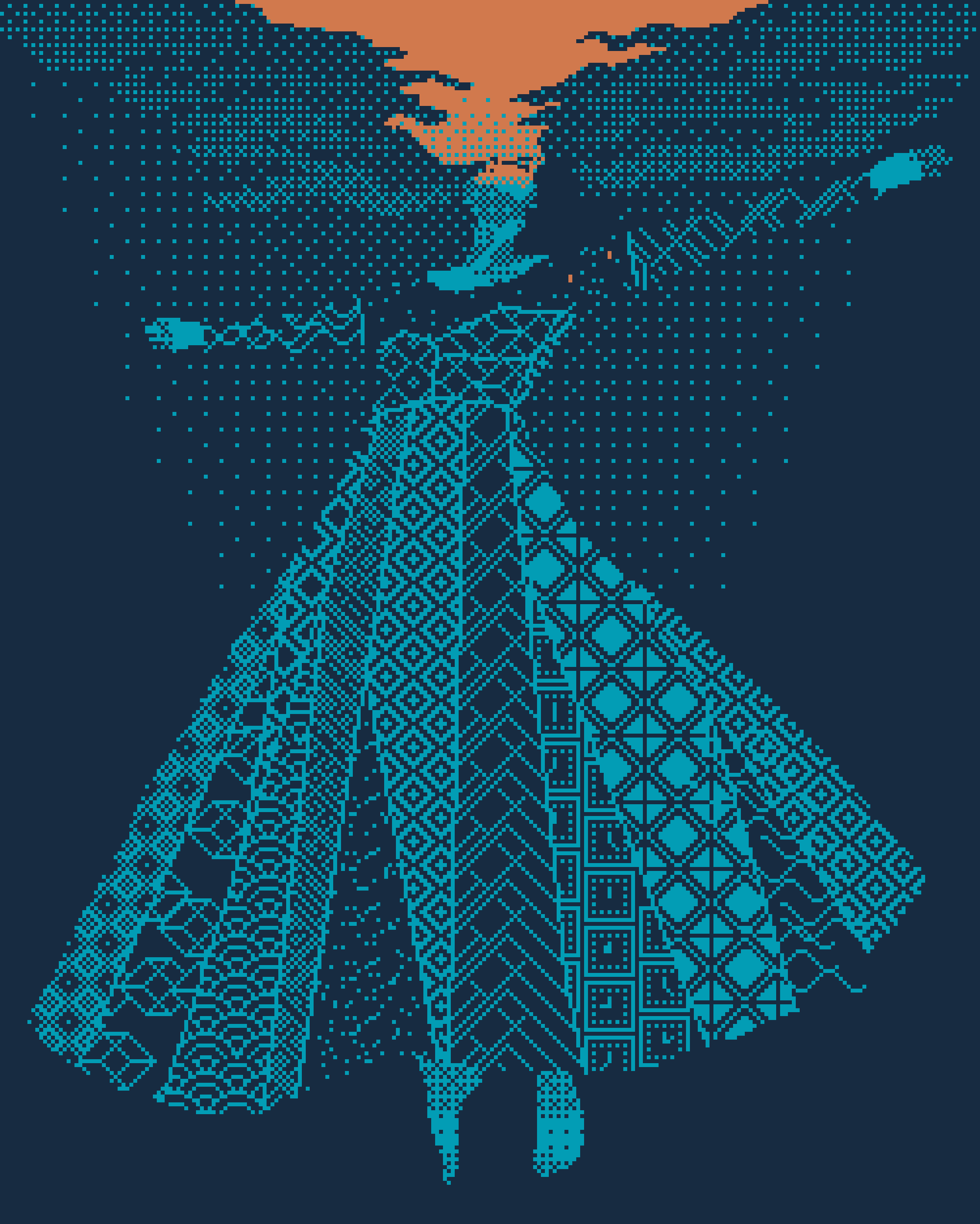 Animated pixel artwork showing a figure wearing a patterned coat beneath an orange sky and blue water-like surface